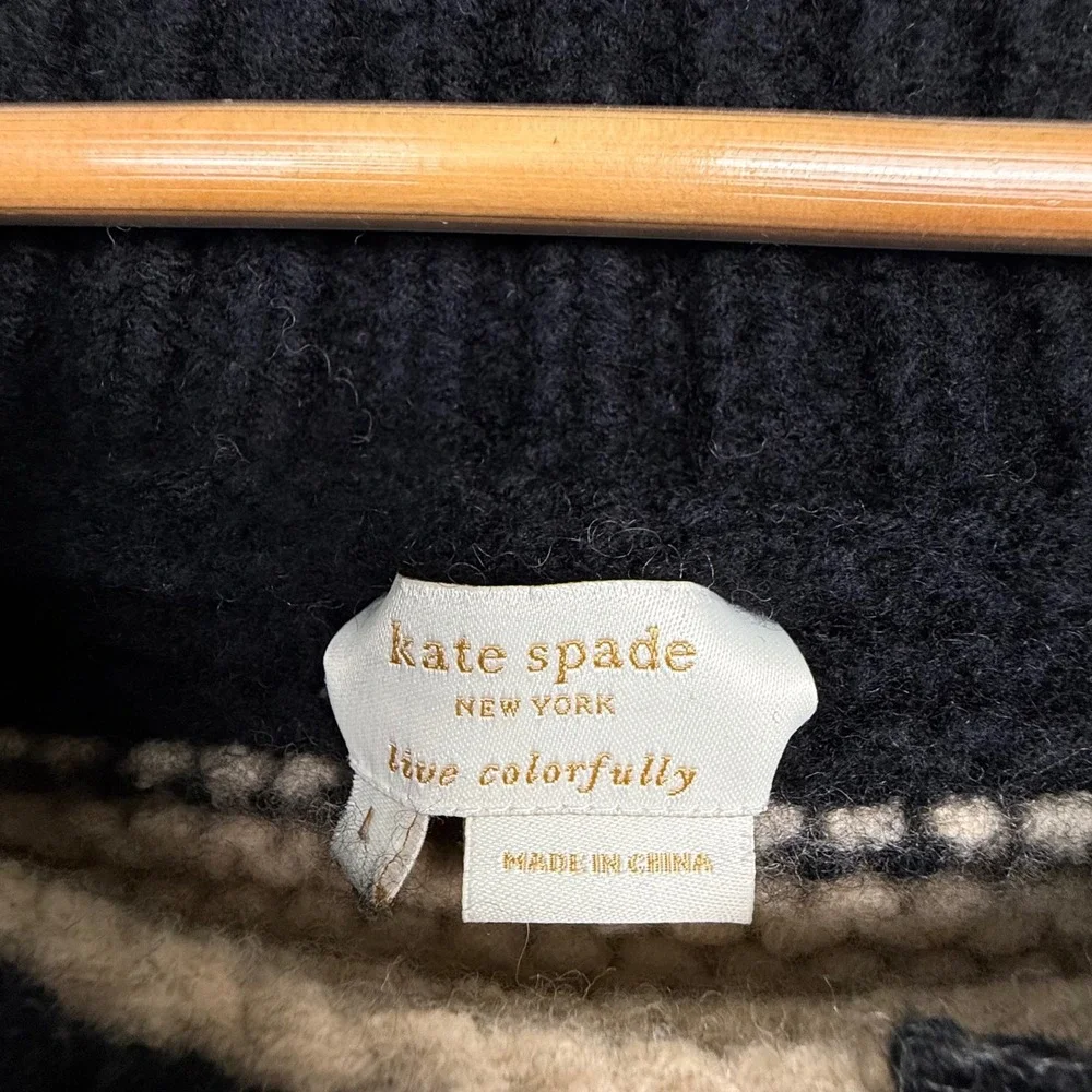 Kate Spade Black Tan Stripe Collared Knit Sweater Chunky 100% Wool Large‎